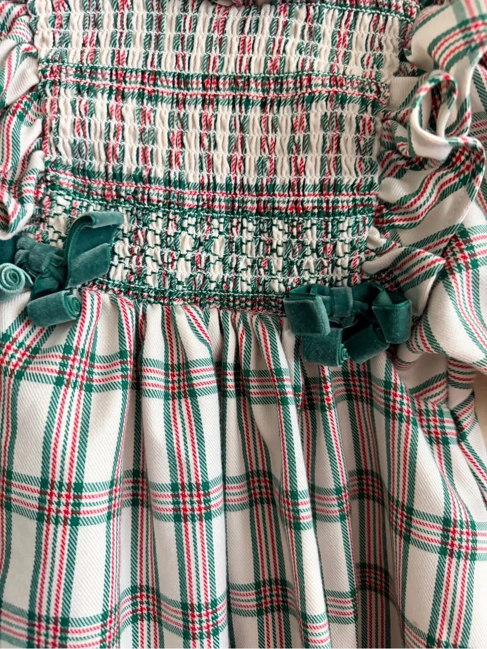 Bonnie Jean Cream Dress with Red & Green Plaid Smocking